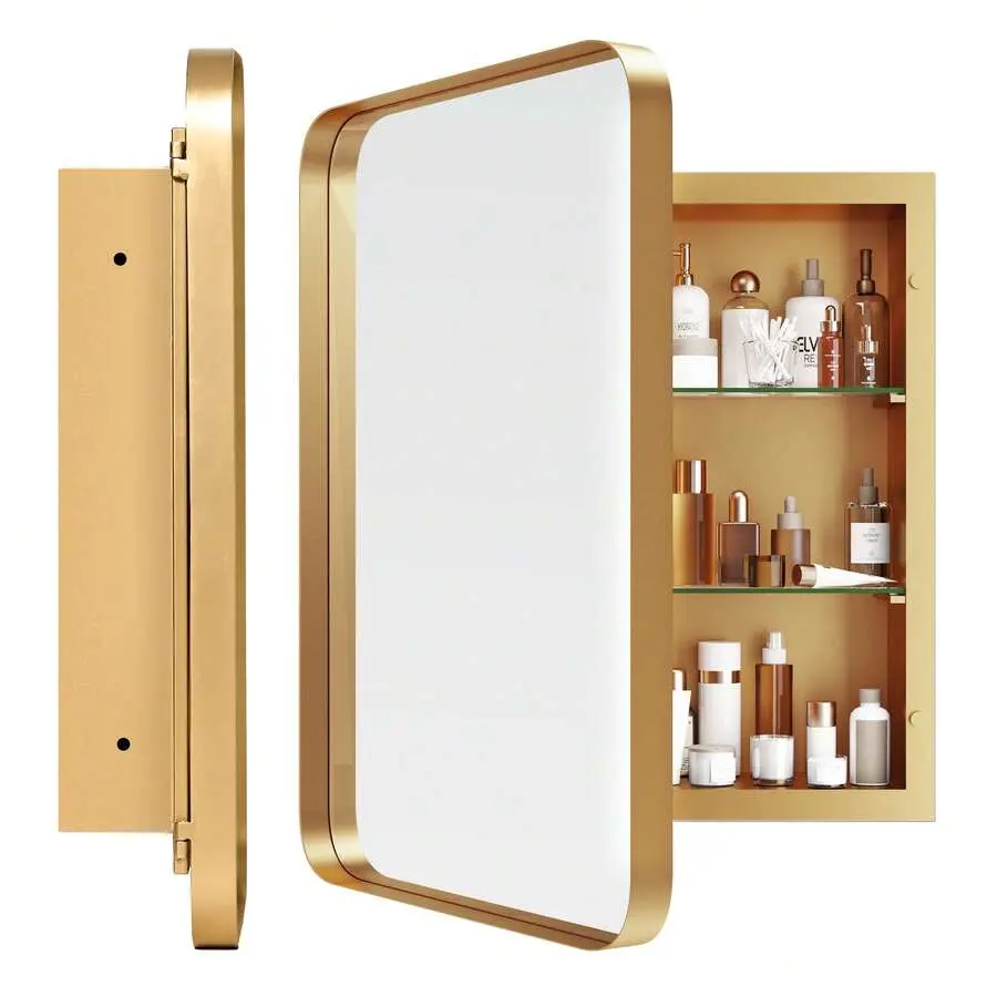 23.6" Medicine Cabinet Bathroom Mirror With Storage Shelves,Mounted Framed Mirror Cabinet, Bathroom Cabinet, Gold