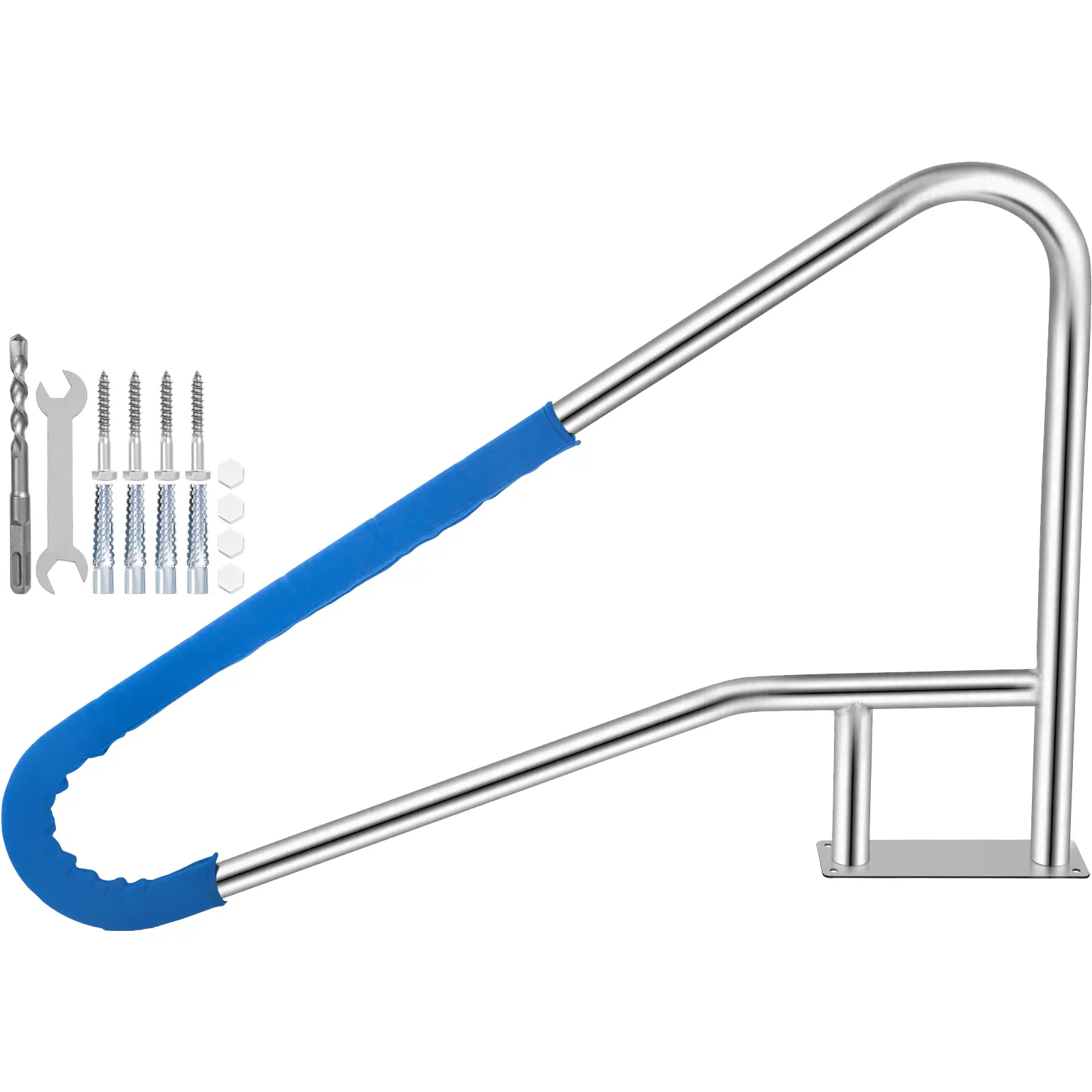 Pool Rail 55x32 Pool Railing 304 Stainless Steel 250LBS Load Capacity Silver Rustproof Pool Handrail Humanized Swimming Pool Handrail with Blue Grip Cover & M8 Drill Bit & Self-Taping Screws