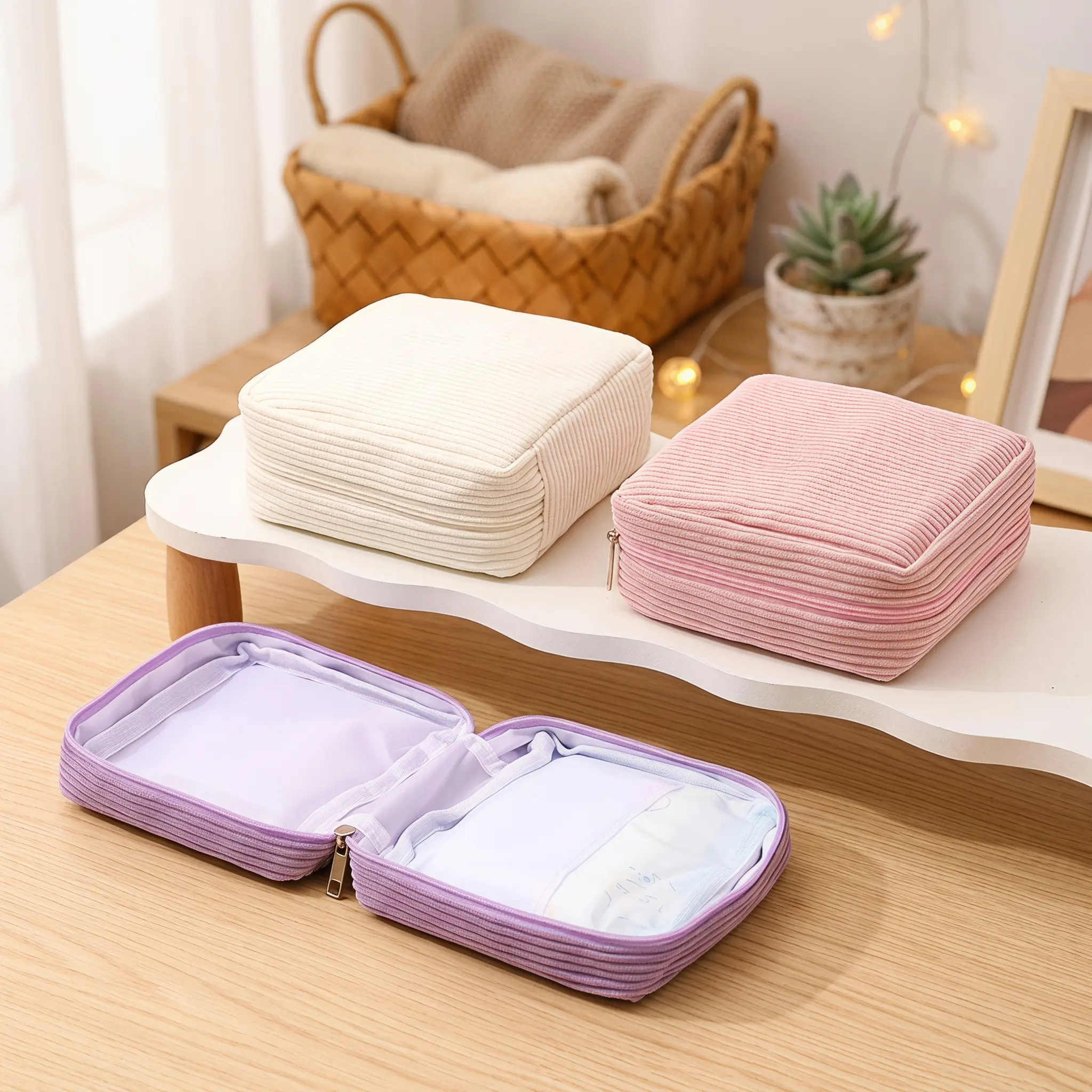 2 PCS Portable Sanitary Pad Storage Bag, Large Capacity, Striped Design, Essential for Travel, Casual Style, All Seasons Use-YY1