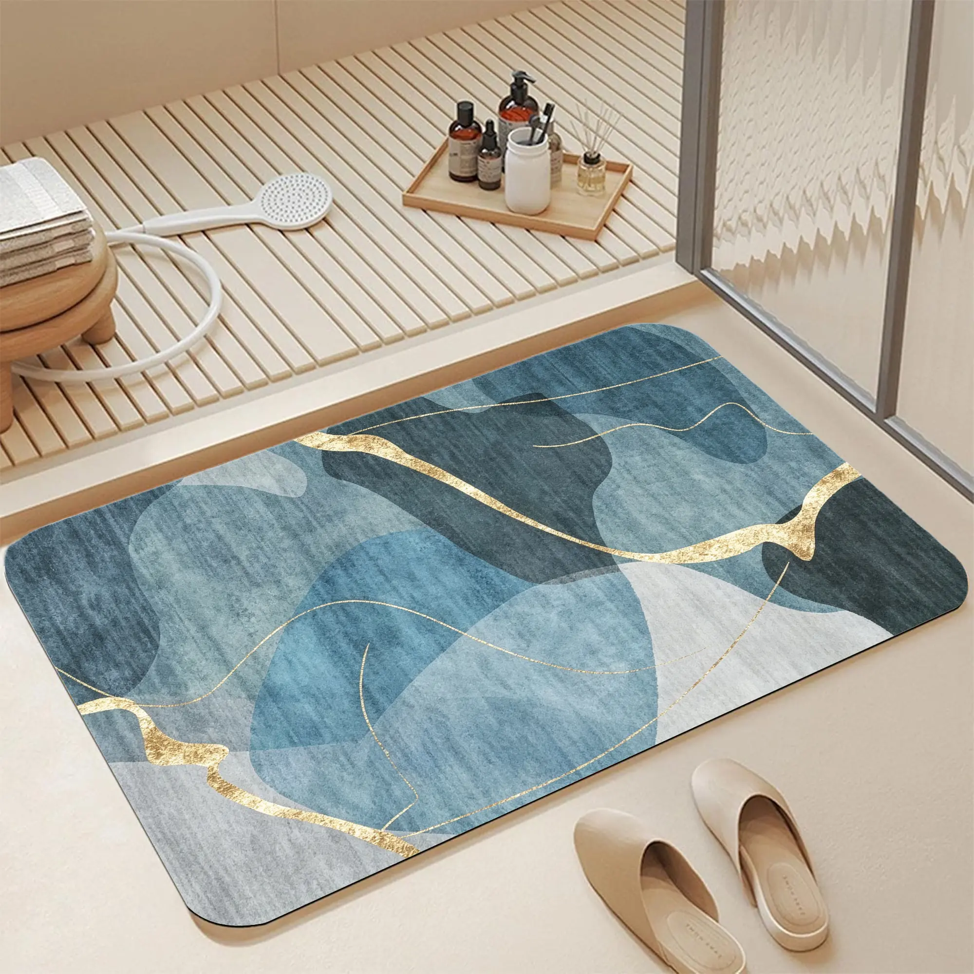 16*24" Navy Teal Watercolor Gold Foil Wavy Line Abstract Diatomite Bath Mat |   Quick Dry Non Slip Luxury Overlapping Blue Watercolor Shape Seamless Print Diatomaceous Earth Bath Mat Fast Water Absorbent Modern Luxury Marble Style Shower Rug luxury marble