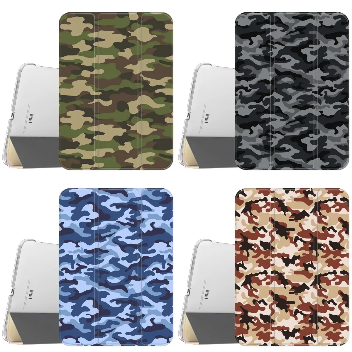 Multicolor Camouflage Pattern iPad Protective Case for iPad Pro 11/12.9, iPad Air 6/5/4, iPad 10/9/8/7, iPad Mini 7/6, Tri Fold Stand Shockproof Tablet Cover