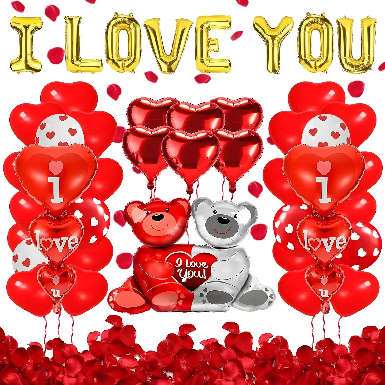 Valentines Balloons,Valentines Day Decorations,Happy Anniversary Balloons,I Love You Balloons,With 1000 count Silk Rose Petals, Wedding Decorations,Valentine Balloons,Ribbon And Straw Included