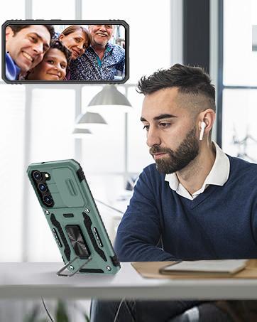 Case for Samsung Galaxy A16 5G with Slide Camera Cover+Screen Protector (1 Pack), Rotated Ring Kickstand Military Grade Shockproof Protective Cover-Black