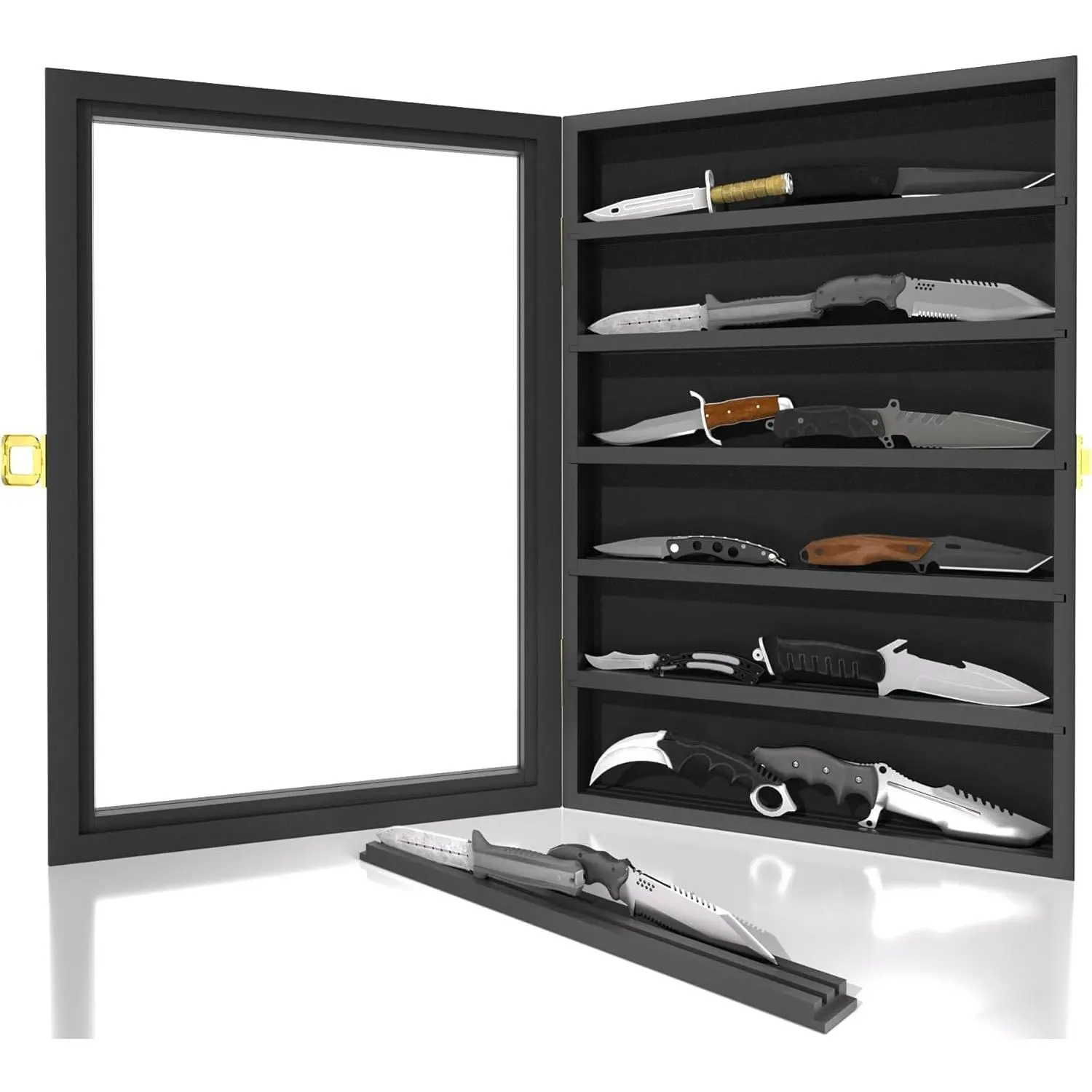 Knife Display Case for Collections, Pocket Knife Display Case with Acrylic Glass, Lockable Storage Cases with Removable Shelves, Wall-Mounted 6-Layer MDF Cabinet, Black
