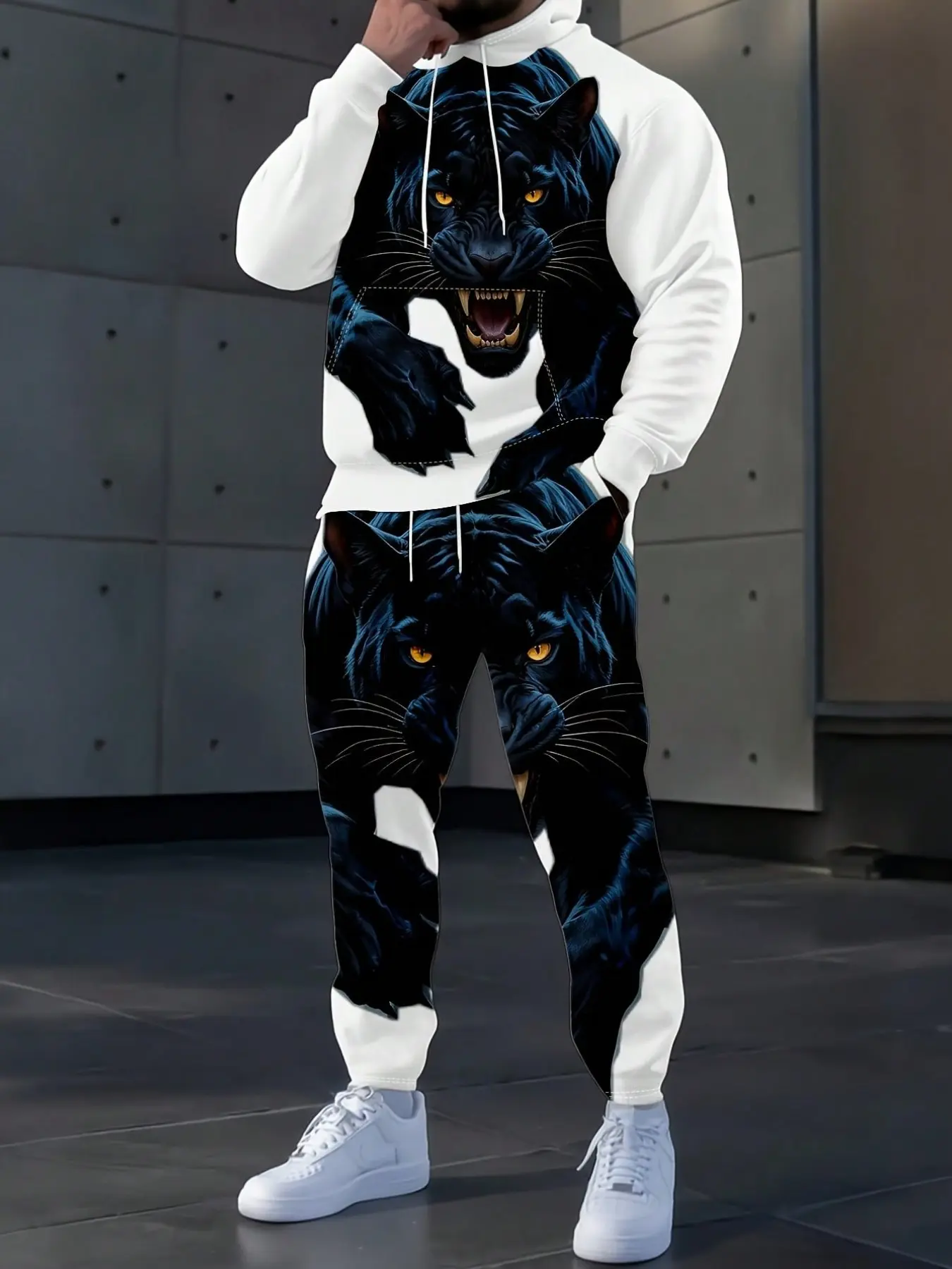Men's Cool Leopard 3D Print Hoodie Set, Trendy Drawstring Hooded Sweatshirt and Cuffed Pants, Casual Slim-Fit Two-Piece