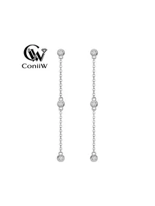 Elegant 925 Silver Chain Three-Stone Long Earrings, Unisex Fashion Jewelry, Vintage Style, High-Quality, 0.3 Carat X 2, Versatile Design