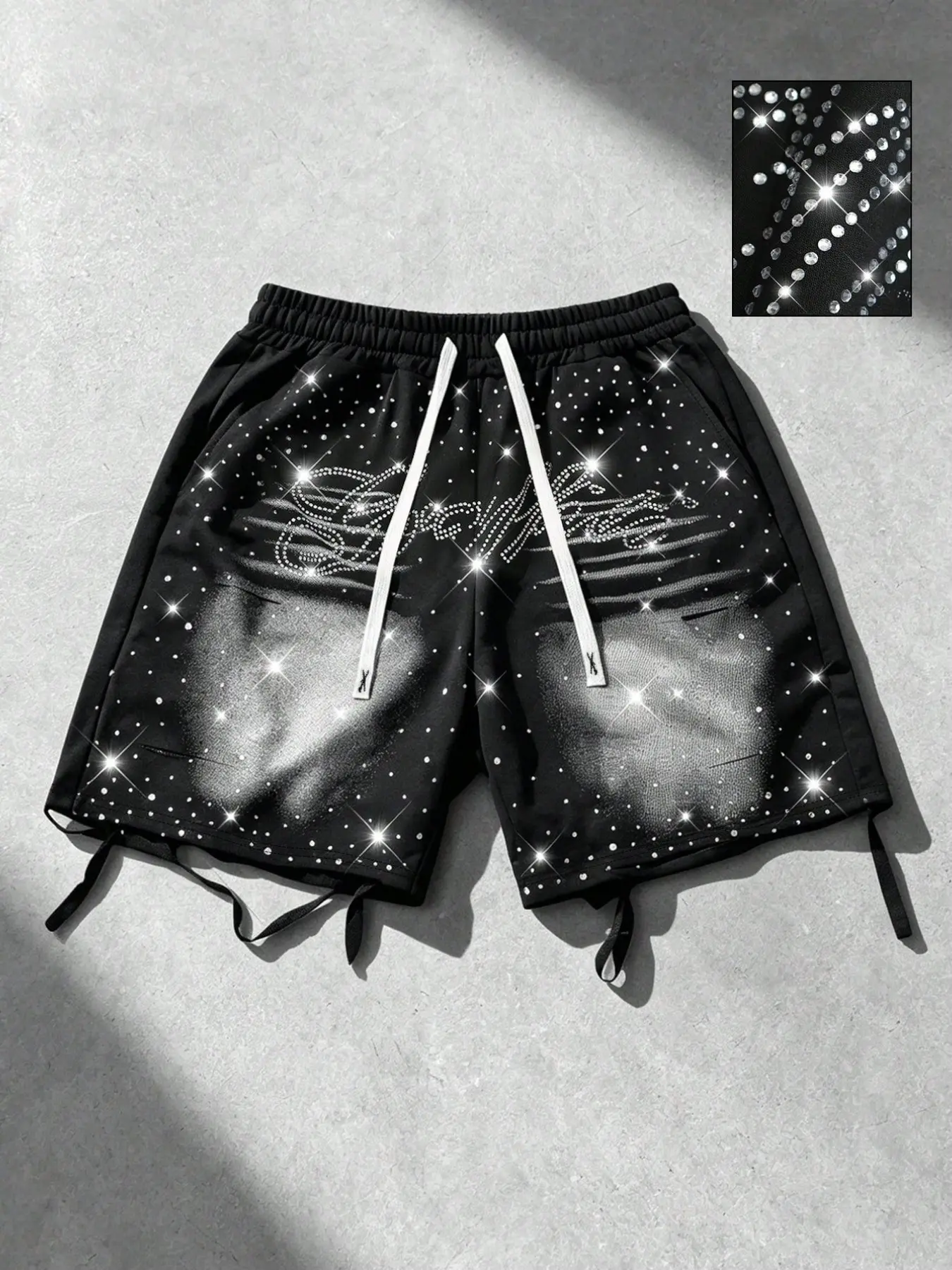 Men's Rhinestone Studded Drawstring Shorts - Oversized Y2K Streetwear, Sparkly Bling Letter Print, Loose Casual Black Shorts for Summer, Hip Hop Festival, Daily Wear