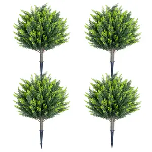 4 Pcs Artificial Cypress Topiary Trees, 65 cm Tall Faux Potted Plant with Ground Spike, UV Resistant PE Fake Plant for Outdoor Garden, Patio, Front Door, Indoor Living Room Decoration