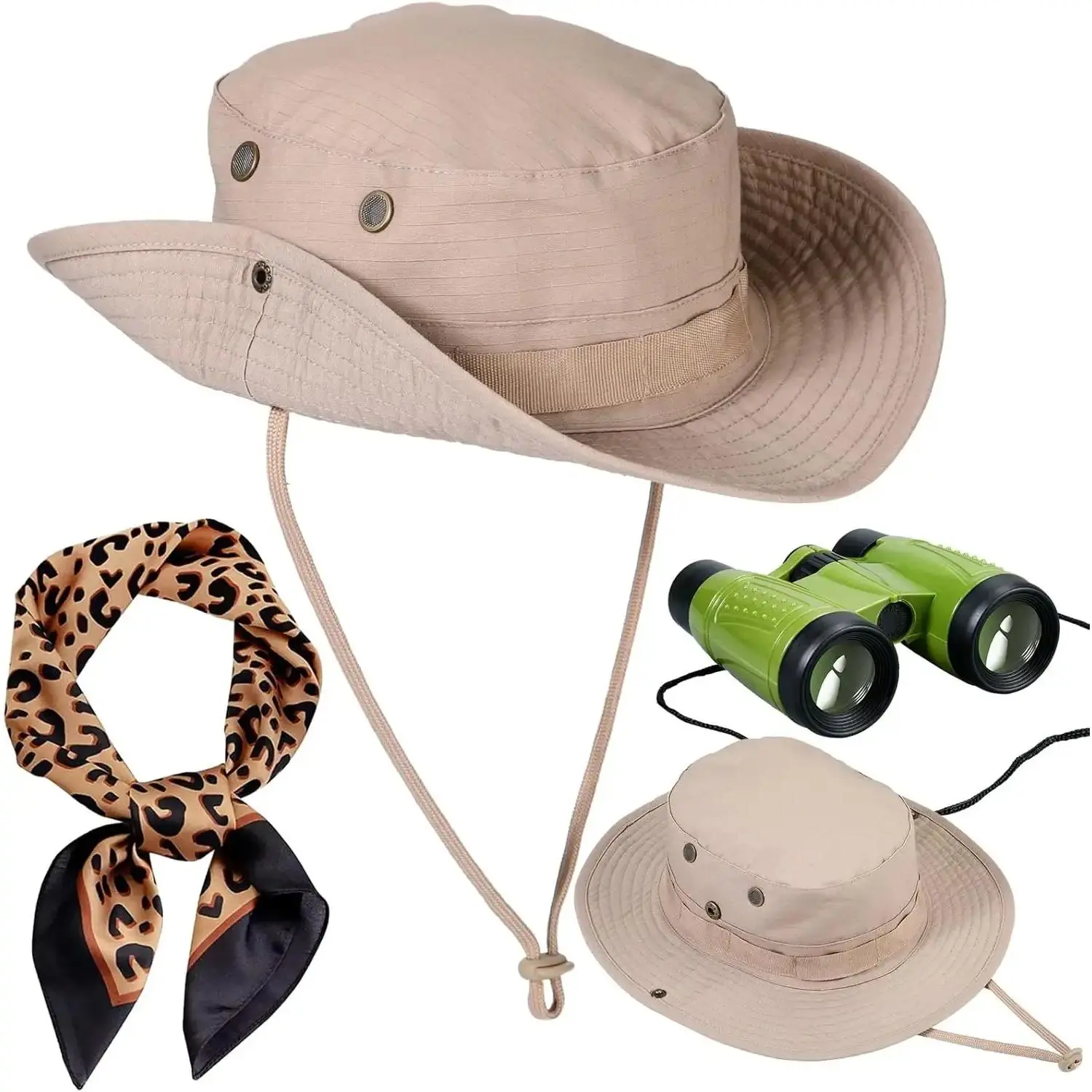 Jecery Women's 3-Pieces Zoo Keeper Cosplay Wear Set - Leopard Print Sun Bucket Hat, Scarf, Binocular Halloween Safari Costume Accessories
