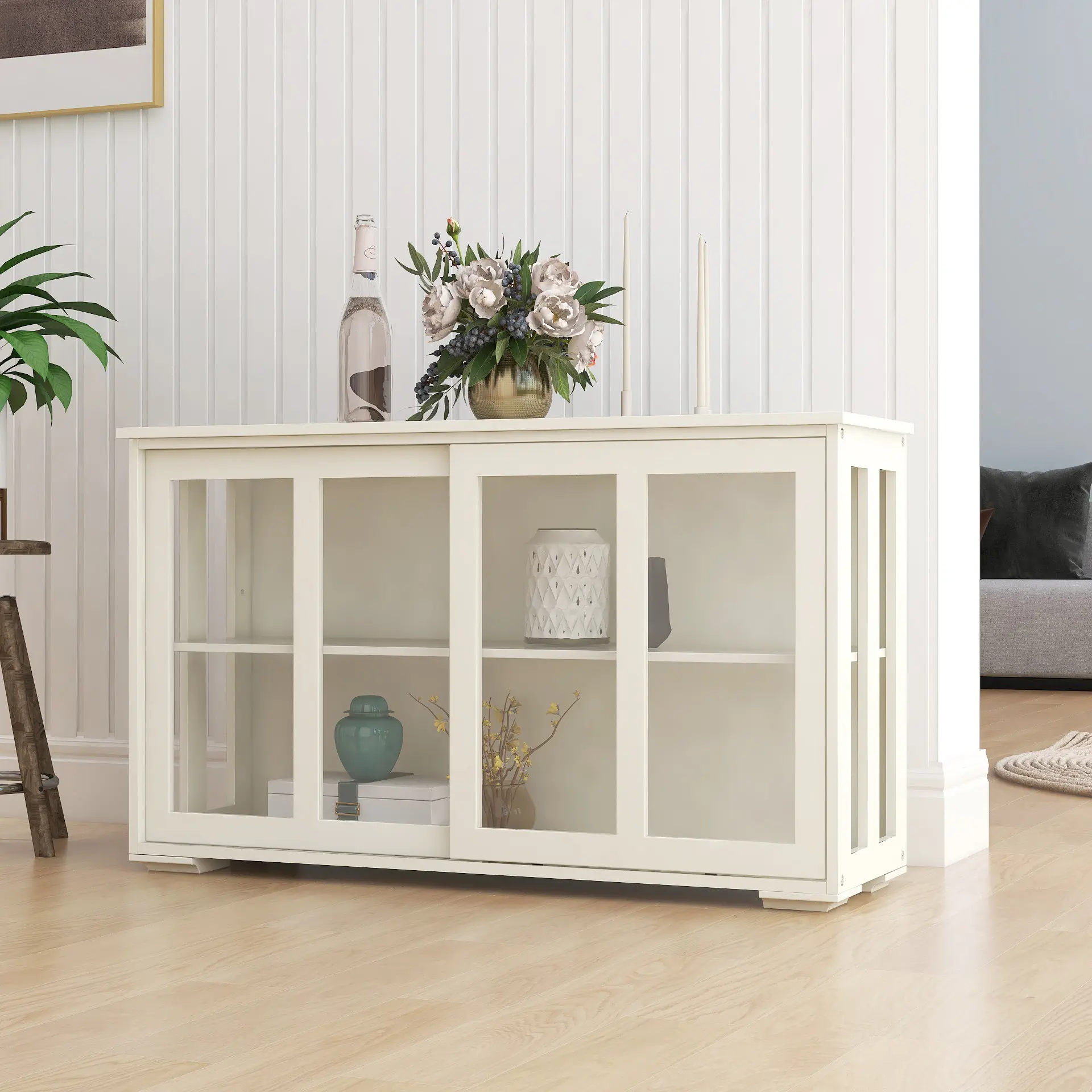 Nokaa Kitchen Storage Stand Cupboard with Glass Door White Freestanding Pantry Cabinet Organizer for Countertop Shelving Unit with Door for Kitchen Living Room Dining Room Home Organization