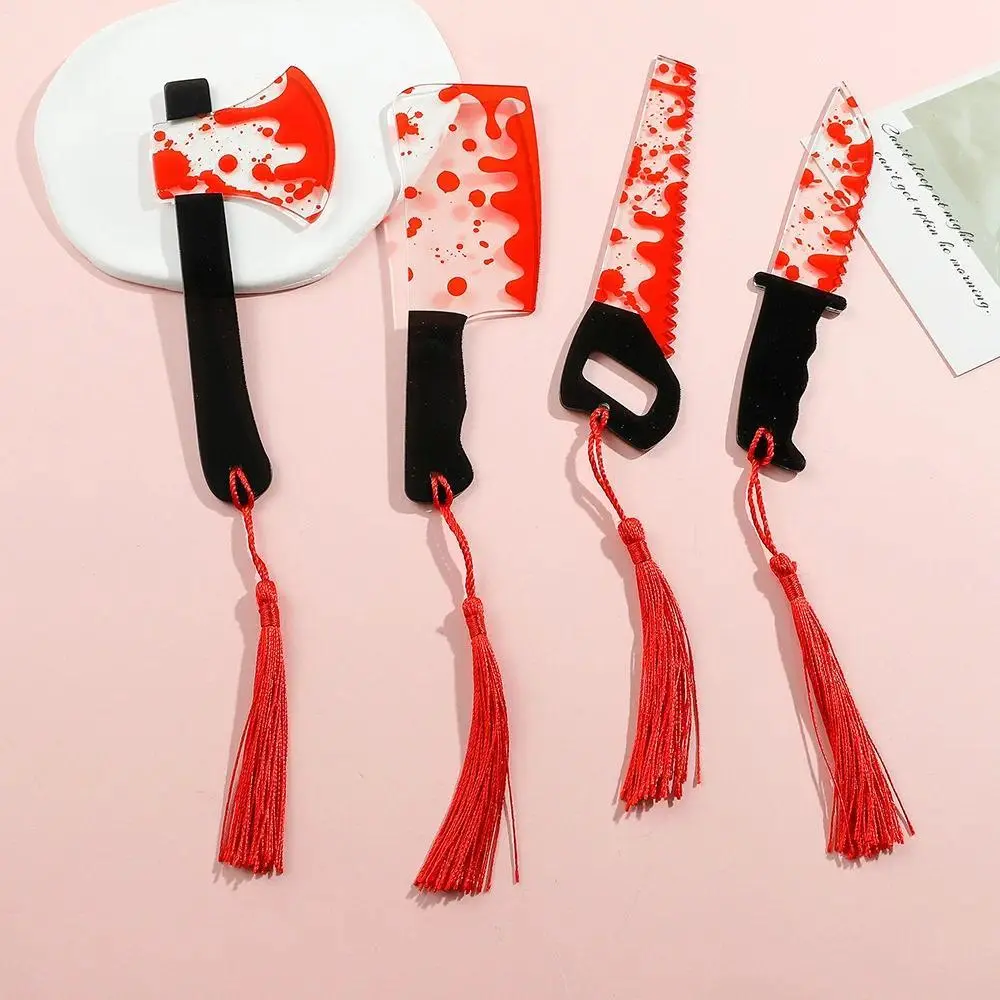 1Pcs Horror Knife Clear Acrylic Bookmark with Tassel, Halloween Themed Series Chopper Saw with Blood, Halloween for Bookworms