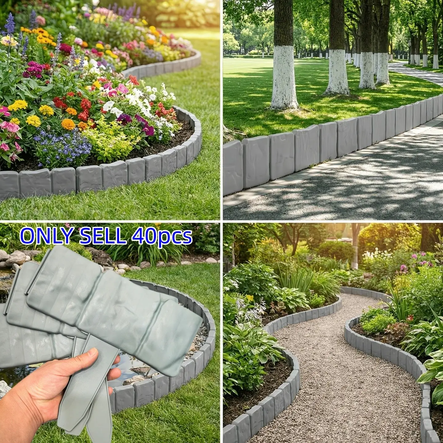 40 Pieces Plastic Garden Border Fence, Interlocking Stone Effect, Mini Fence for Flower Beds, Lawn, Patio Decor, Garden Edge Decoration