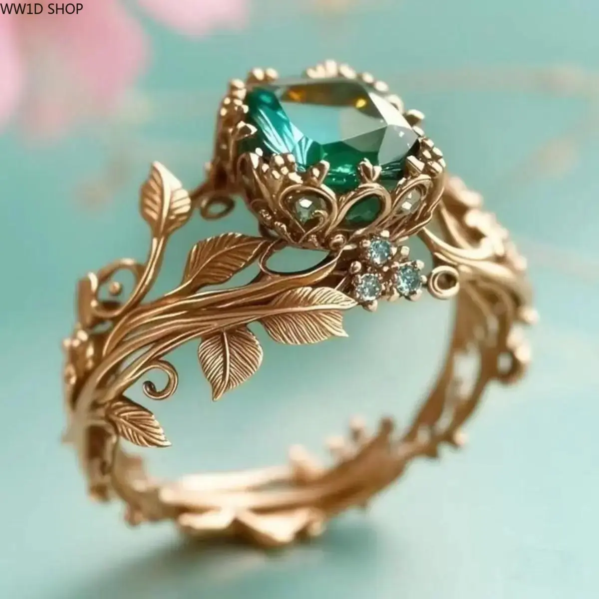 This ancient totem ring is set with green glass crystal and adorned with a tribal motif symbolizing grounding energy. Suitable for both men and women.