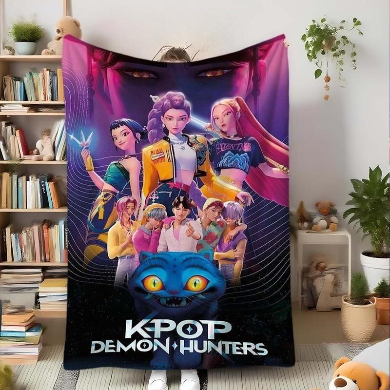 K-Pop Demon Hunters Theme Flannel Blanket Warm nap Blanket This Super Soft Flannel Blanket is The Perfect Gift for Christmas and lovers Soft Warm Cozy Throw for Bed Sofa Nap Travel, Cute Home Decor