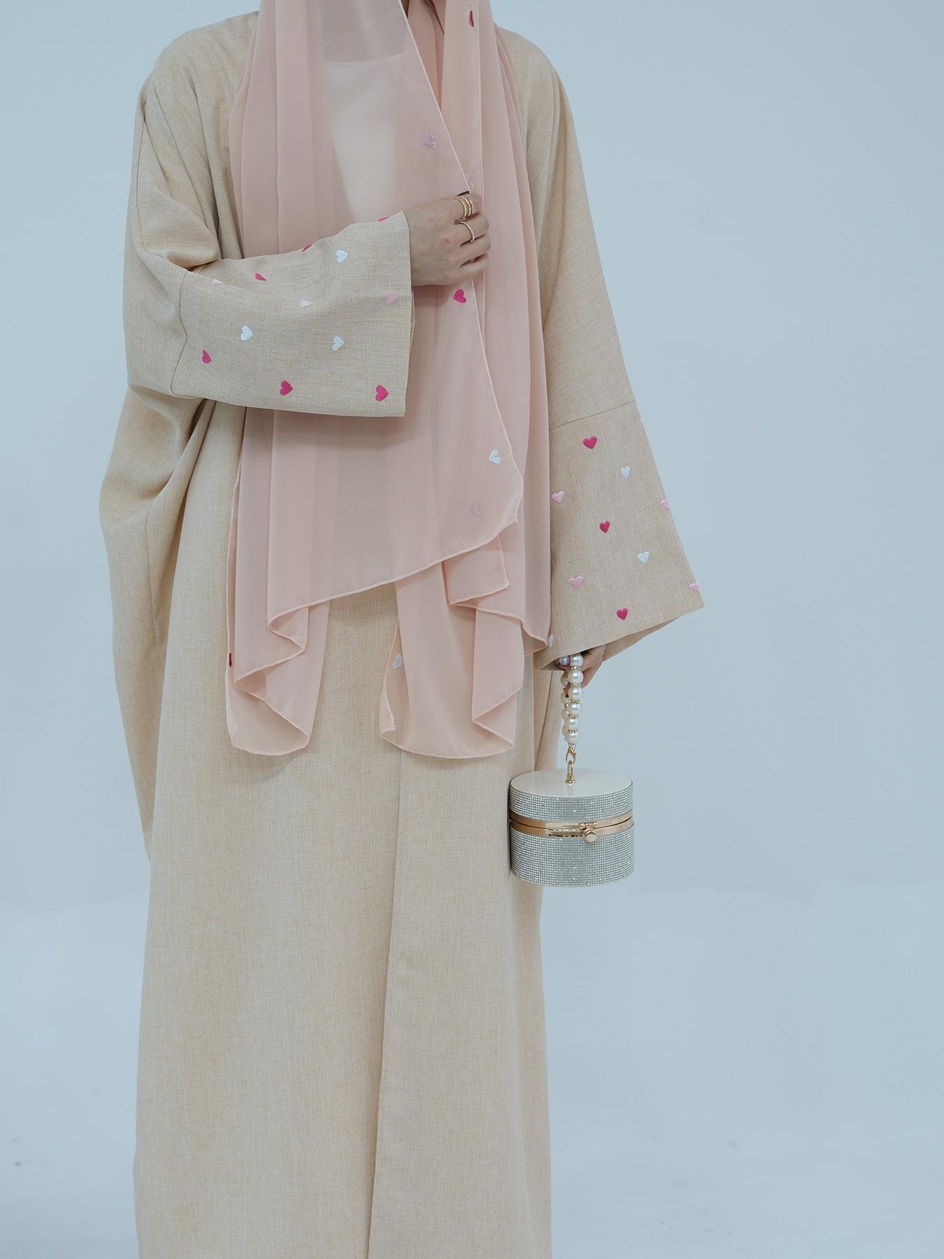 Women's Heart Embroidery Long Sleeve Abaya, Modest Casual Outerwear for Daily Wear, Ladies Islamic Clothing for All Seasons, Modesty Abaya