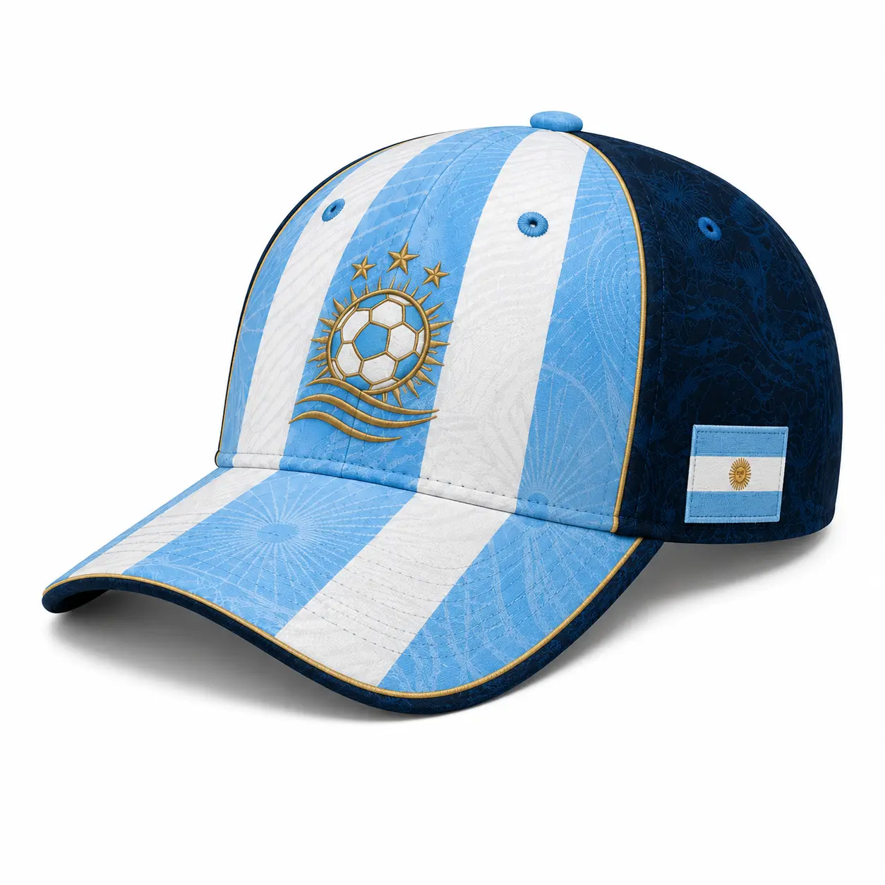 Argentina-Inspired Soccer Baseball Cap for Men Women, Sky Blue White Curved Brim Hat with Soccer Ball Graphic Print, Gold Star Accents, Side Flag Detail, Lightweight Polyester Fabric, Unisex Sports Fan Travel Outfit Cap