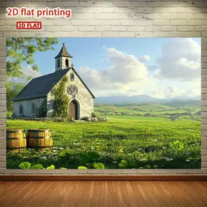 2D Flat Irish Countryside Church Backdrop Suitable for Portrait Photography, Themed Photo Shoots - Stone Church & Shamrock Meadow Background with Irish Landscape Print, Pastoral Decor for Weddings, Showers, Irish - Themed Events,