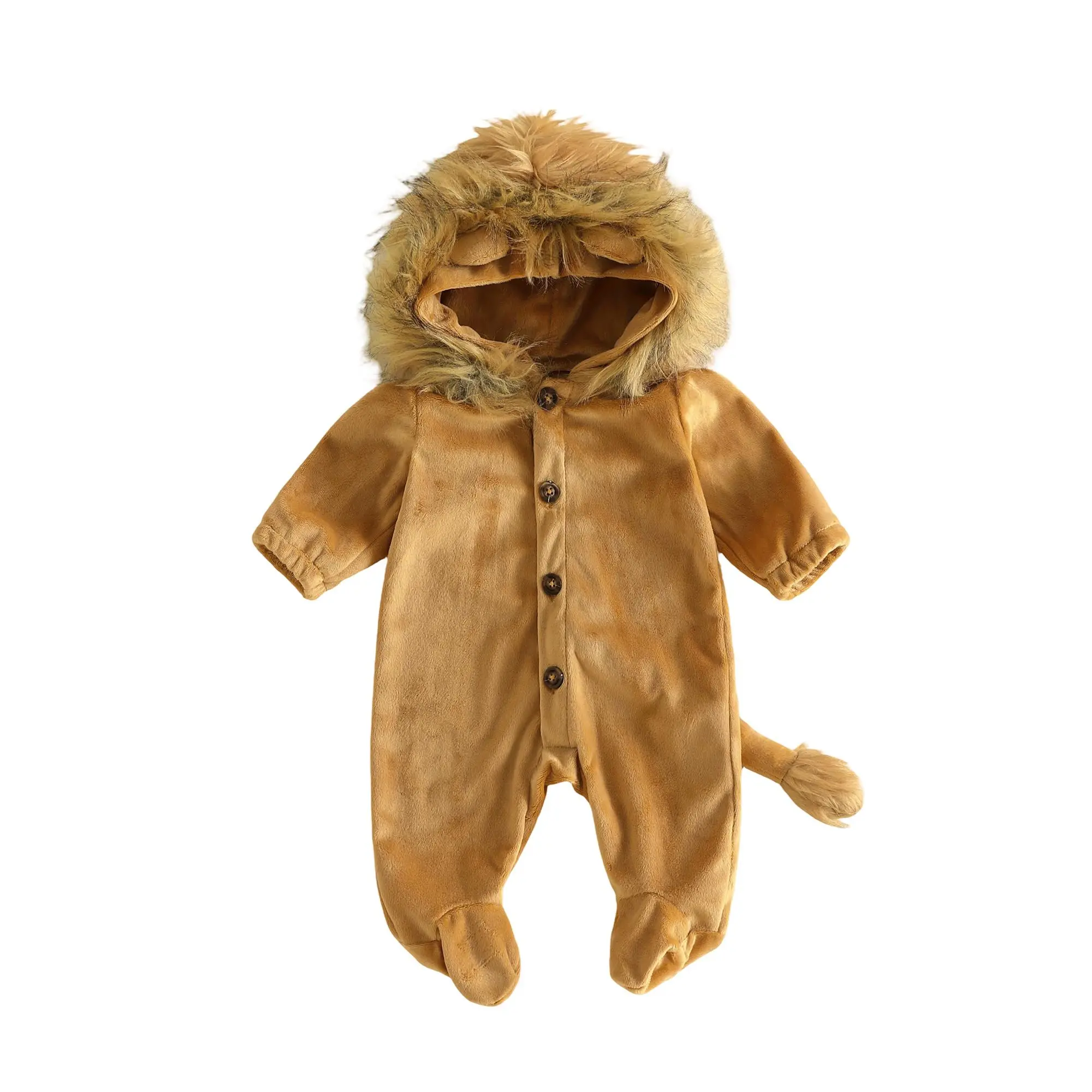 Unisex Newborn Baby Lion Hooded Romper Costume Long Sleeve Footed Onesie Halloween Animal Dress Up Outfit 0-9m