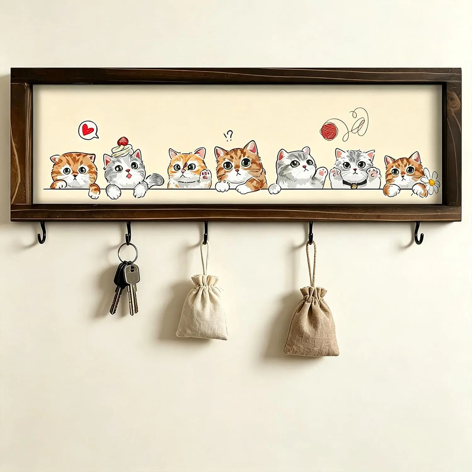 Kas Home Cute Peeking Kitten Wooden Key Holder for Wall with 5 Metal Hooks, Decorative Wall Mount Organizer for Entryway, Hallway, Living Room Decor, Bags, Leash(Brown-2, 16.5*5.5)