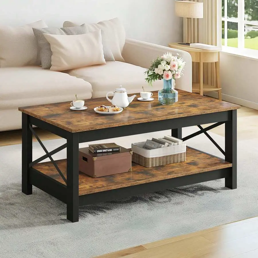 Farmhouse 2-Tier Wooden Coffee Table with Storage, X-Frame Legs, Natural Wood Home Aesthetic, Wooden Style Living Room Center Table for Halloween, Christmas Decor, Wooden Style Living Room Furniture