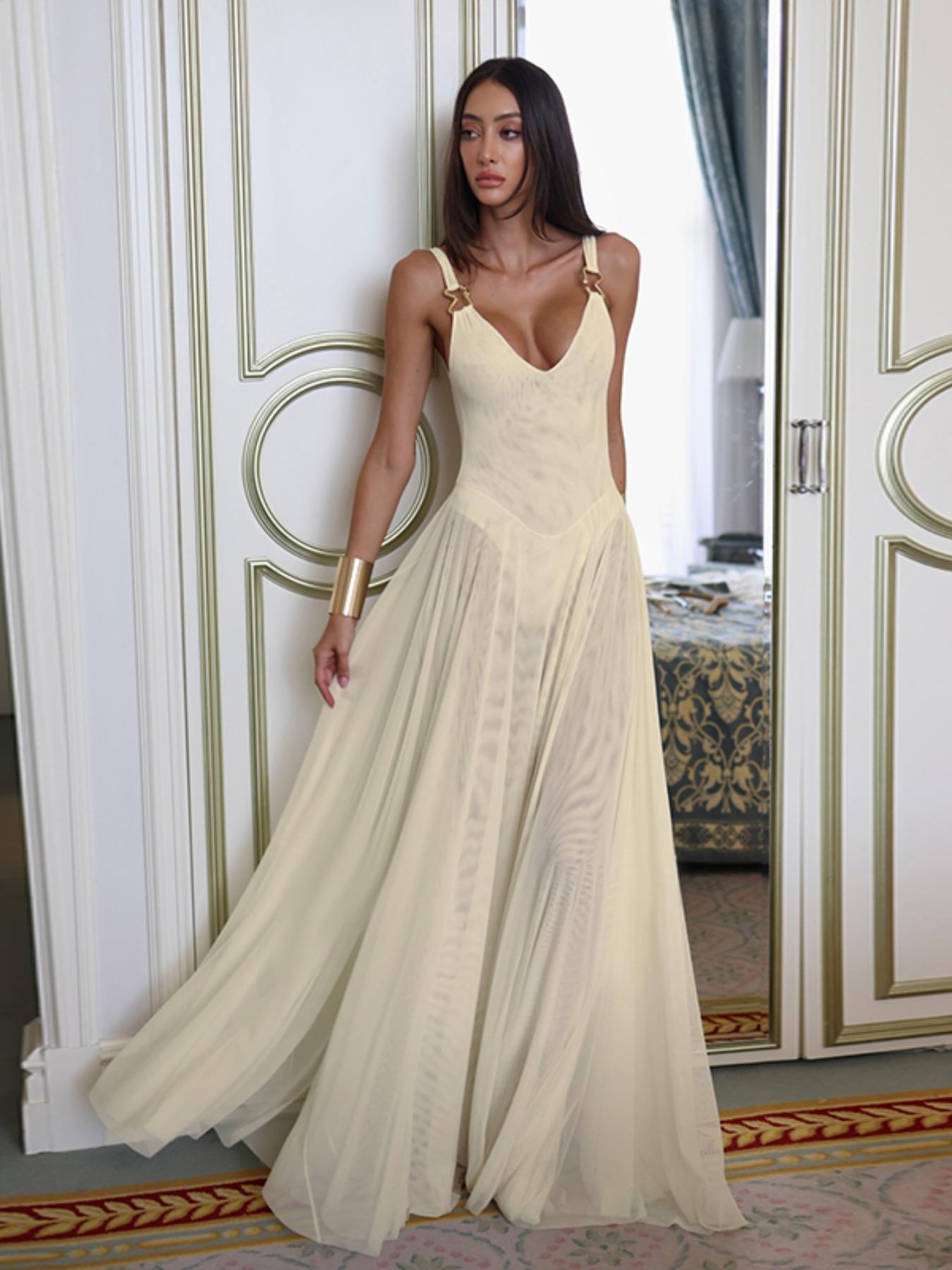 Women's Plain Deep V Neck Tulle Cami Dress, Elegant Sleeveless Maxi Dress for Party Holiday Wedding Guest, Ladies Summer Clothes, Brunch Dresses