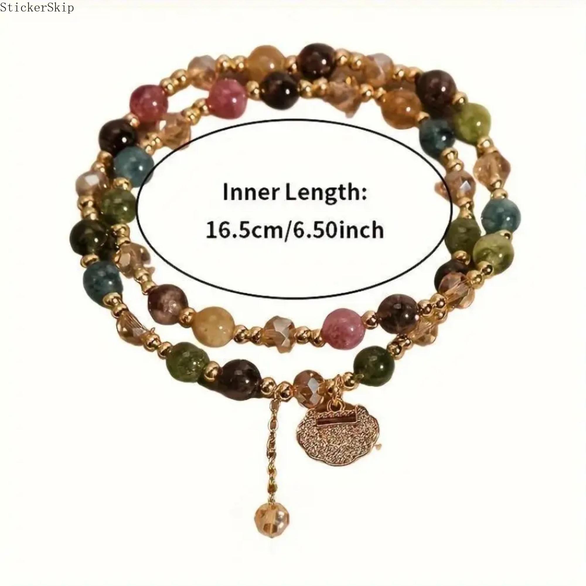 2026 NEW Double Layer Rainbow Tourmaline Round Bead Bracelet, Bohemian Jewelry for Daily Wear, Yoga, Gifting, Featuring Longevity Lock Charm, Color Design