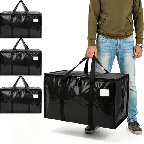 4pcs Large Heavy-Duty Waterproof Polypropylene Rectangular Moving Totes - 95L Triple-Seamed Folding Bags with Handles, Zippers, Black for Kitchen Organization, Moving Days, Ready-to-Use Dorm Winter Coat Storage