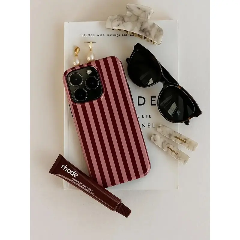 Glossy Polycarbonate TPU Hybrid Phone Case, Cute Burgundy Pink Vertical Stripes Coquette Aesthetic Slim Shockproof Protective Cover for iPhone 11 12 13 14 15 16 17 Air /Pro Max, sssung Galaxy S22-S25 Ultra, Trendy Women Daily Accessory