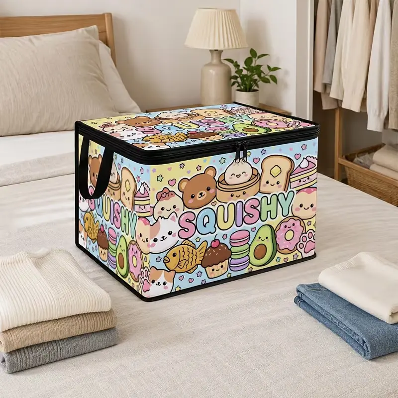 1 Piece Pastel‑Style Cute Zipper Storage Box with Fidget Toy, Suitable for Travel, Room Organization, Fidget‑Patterned Box, Rectangular Container, Lidded Storage Container, for Storing Clothes, Bedding, Cute‑Style Gift, Under‑Bed Storage Box