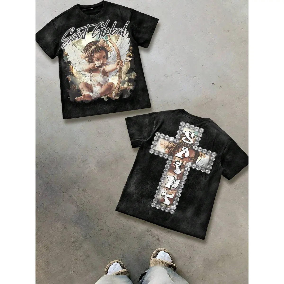 Angel Print T-Shirt Print T-Shirt, 230g Washed Care Label T-Shirt, Neutral Acid-Washed Cotton Print T-Shirt, Vintage Washed T-Shirt, Casual Summer