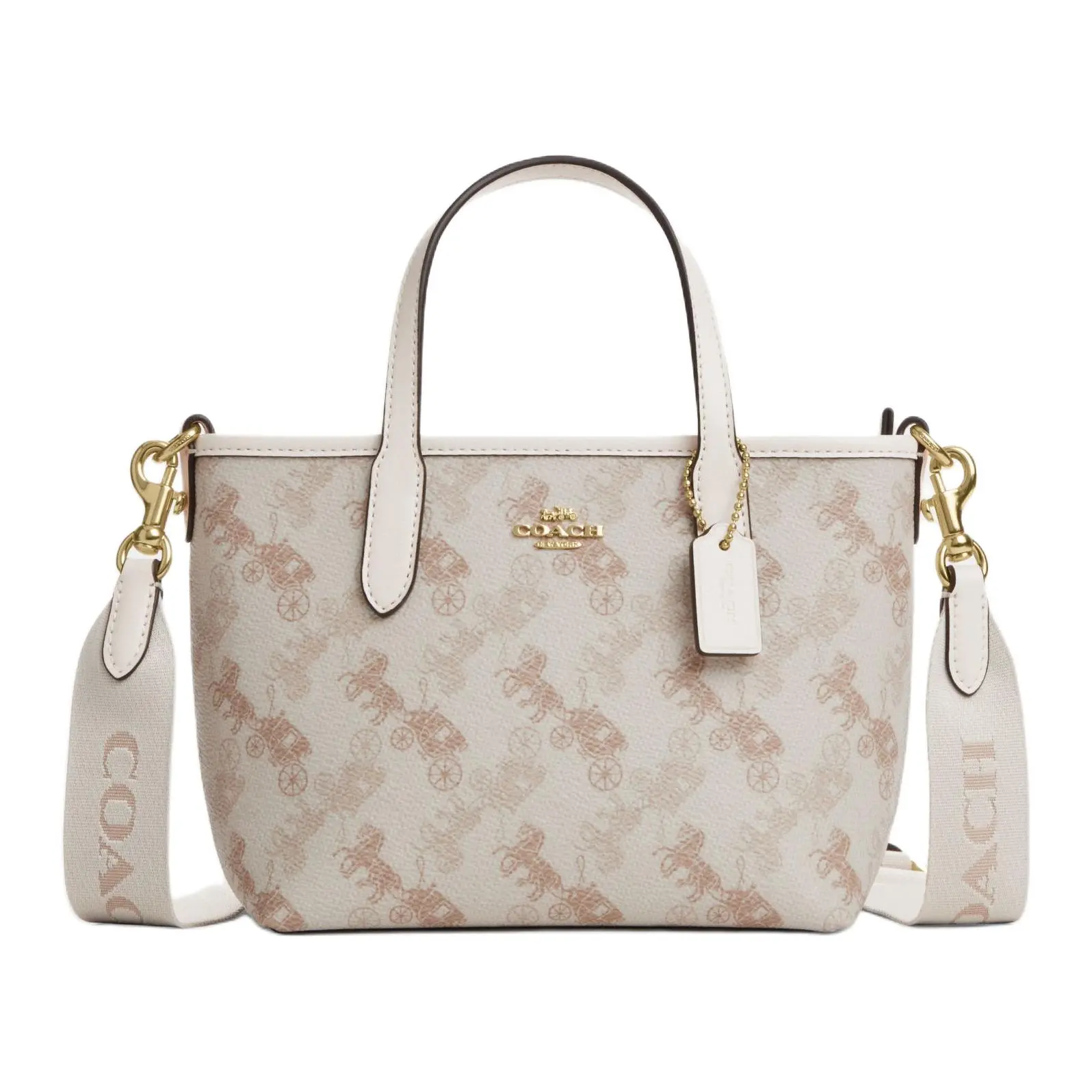COACH City 15 Carriage Print Tote Bag for Women – Faux Leather, Mini, Beige