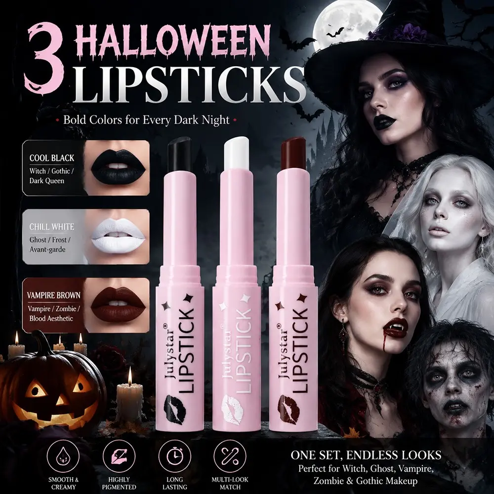 Julystar Halloween Lipstick Set 3-Pack, Vampire, High Pigment Creamy Lip Stick, Gothic Witch Zombie Party Makeup
