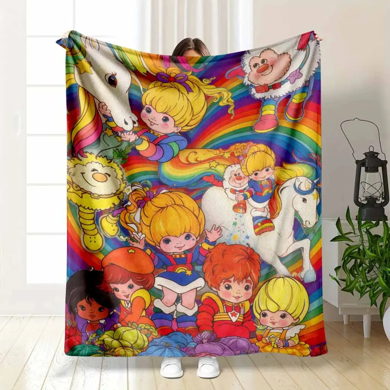 80s Retro Rainbow Brite Starlite Magical Horse Collage Flannel Fleece Throw Blanket - Classic, Durable, Ultra Soft, Non Shedding, All Seasons Warmth, Vibrant HD Cartoon Print - Machine Washable for Sofa Decor, Nostalgic Gift for Kids
