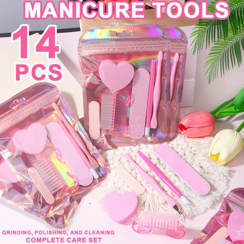 14pcs Pink Series All-in-One Nail File/Exfoliator/Polisher/Cleaner/Dead Skin Remover Set, 7pcs Per Pack, Effortlessly Completes the Full Nail Care Process of Shaping, Filing, and Cleaning. Suitable for Sweet, Students, and Nail Art Enthusiasts