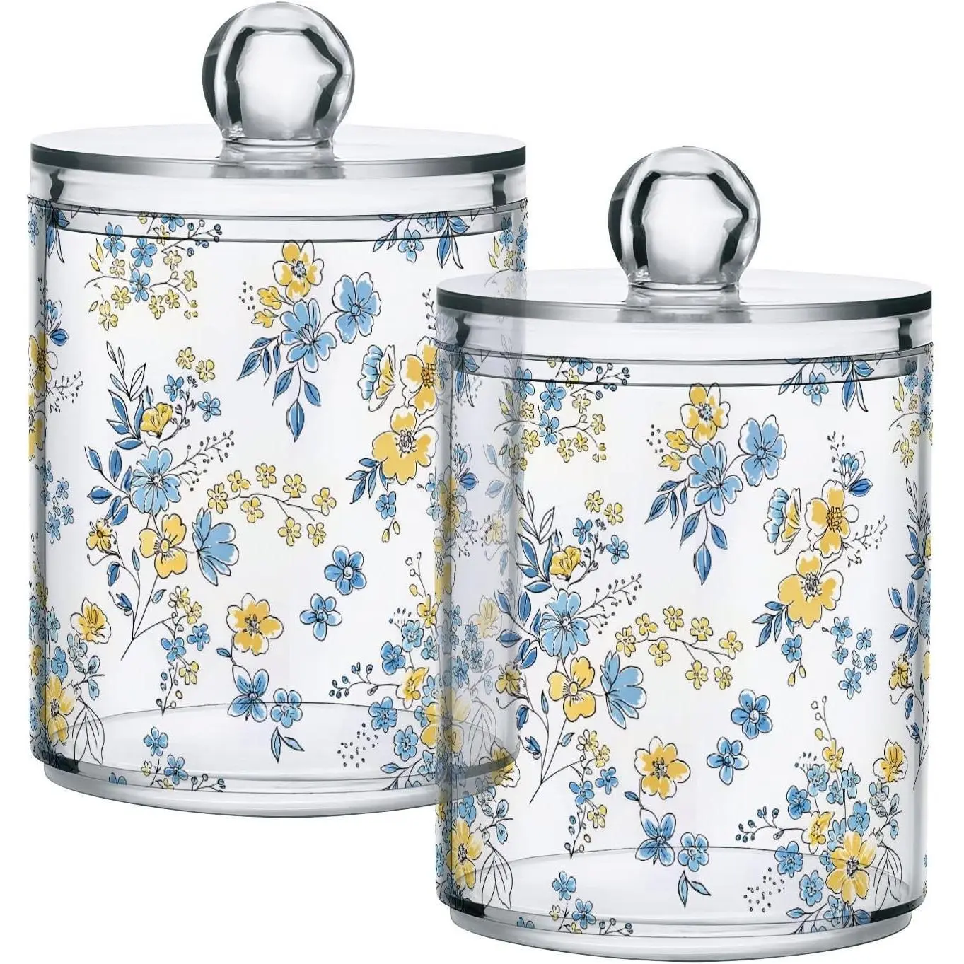 2 Pack Blue Yellow Floral Apothecary Jars Bathroom Qtip Holder Dispenser Clear Plastic Storage Canister with Lid for Cotton Ball, Cotton Swab