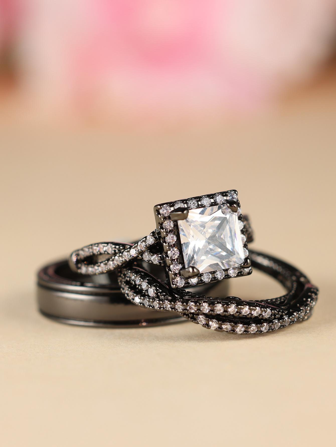 Luxury Princess Cut Cubic Zirconia Bridal Ring Set, 14K Two Tone Gold Plated Engagement Wedding Ring Set for Women, Vintage Halo CZ Wedding Band