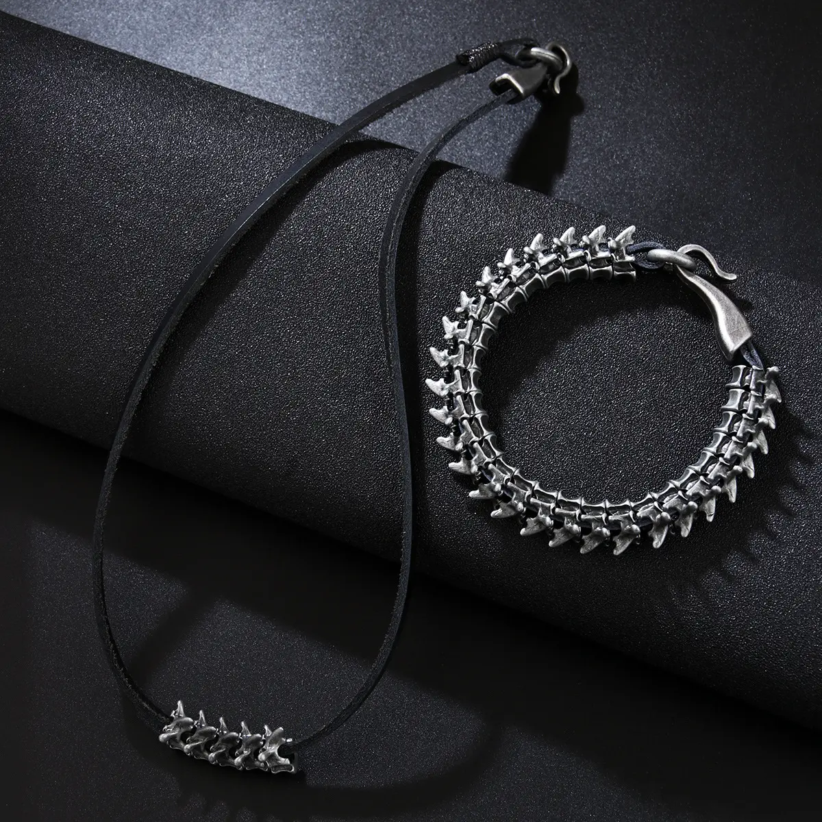 Unisex Retro Punk Hip Hop Dark Dragon Spine Leather Bracelet & Alloy Necklace Punk Jewelry Set, Punk Jewelry Sets, Pendant