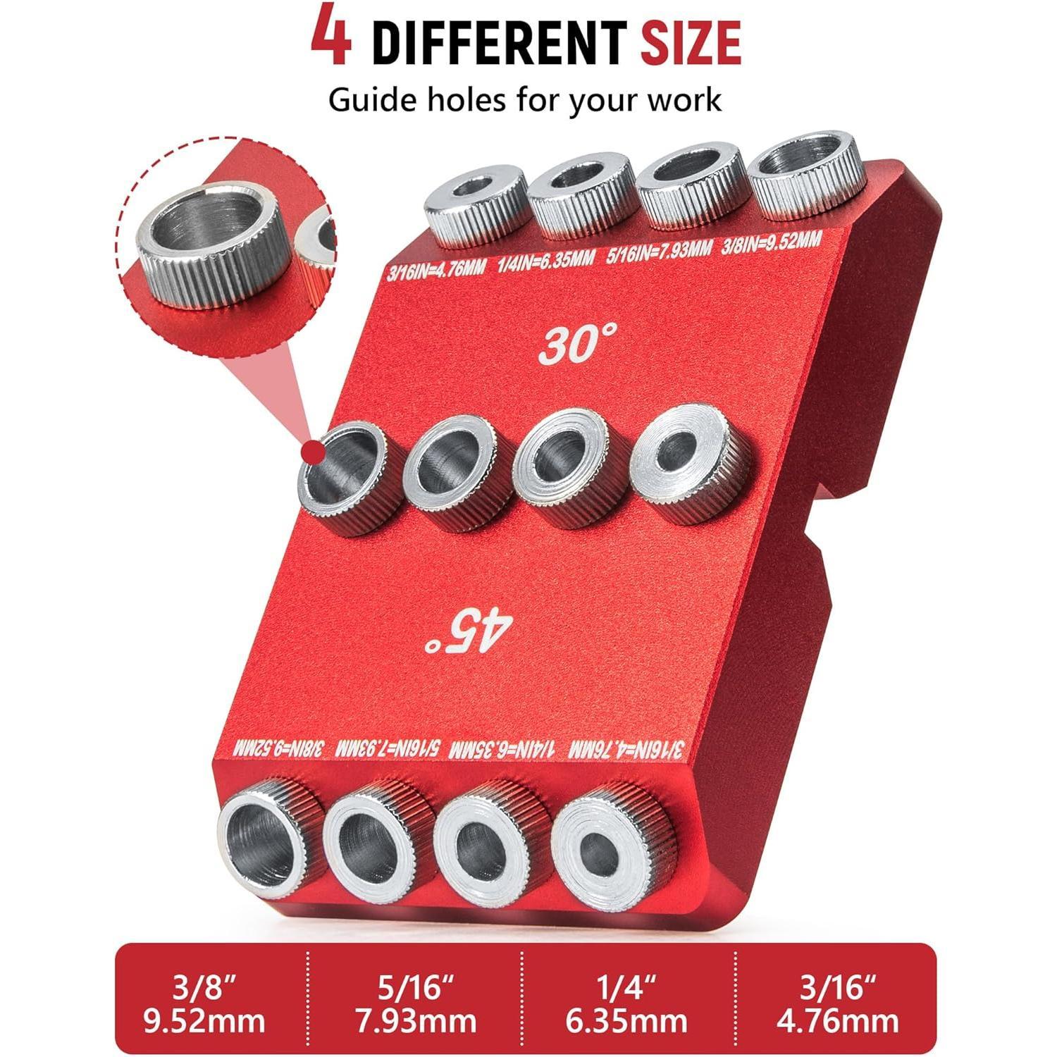 30?45?90? Angle Drill Guide Jig for hand drill, Portable angle drill guide block for straight or angled holes, pocket-hole tool set with 4 bits for holes in railing, handrails, drill press, decks