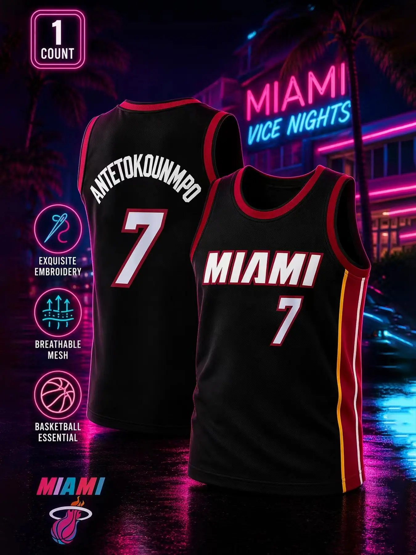 New Miami #7 Letterman Knit Basketball Jersey, Men's Fashion Streetwear, Breathable Basketball Tank Top, Training Gear, All Seasons