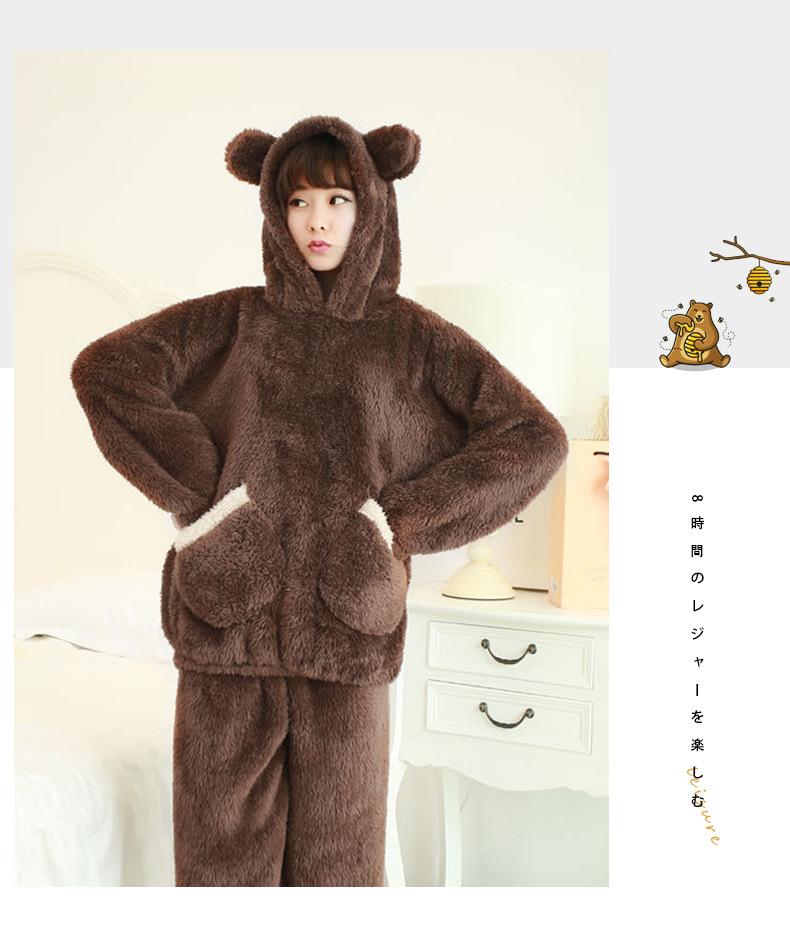 Thickened Warm Autumn Winter Women Cartoon Plush Hooded Bear Sleepwear Ladies Flannel Homewear Set Solid Nightwear Loungewear