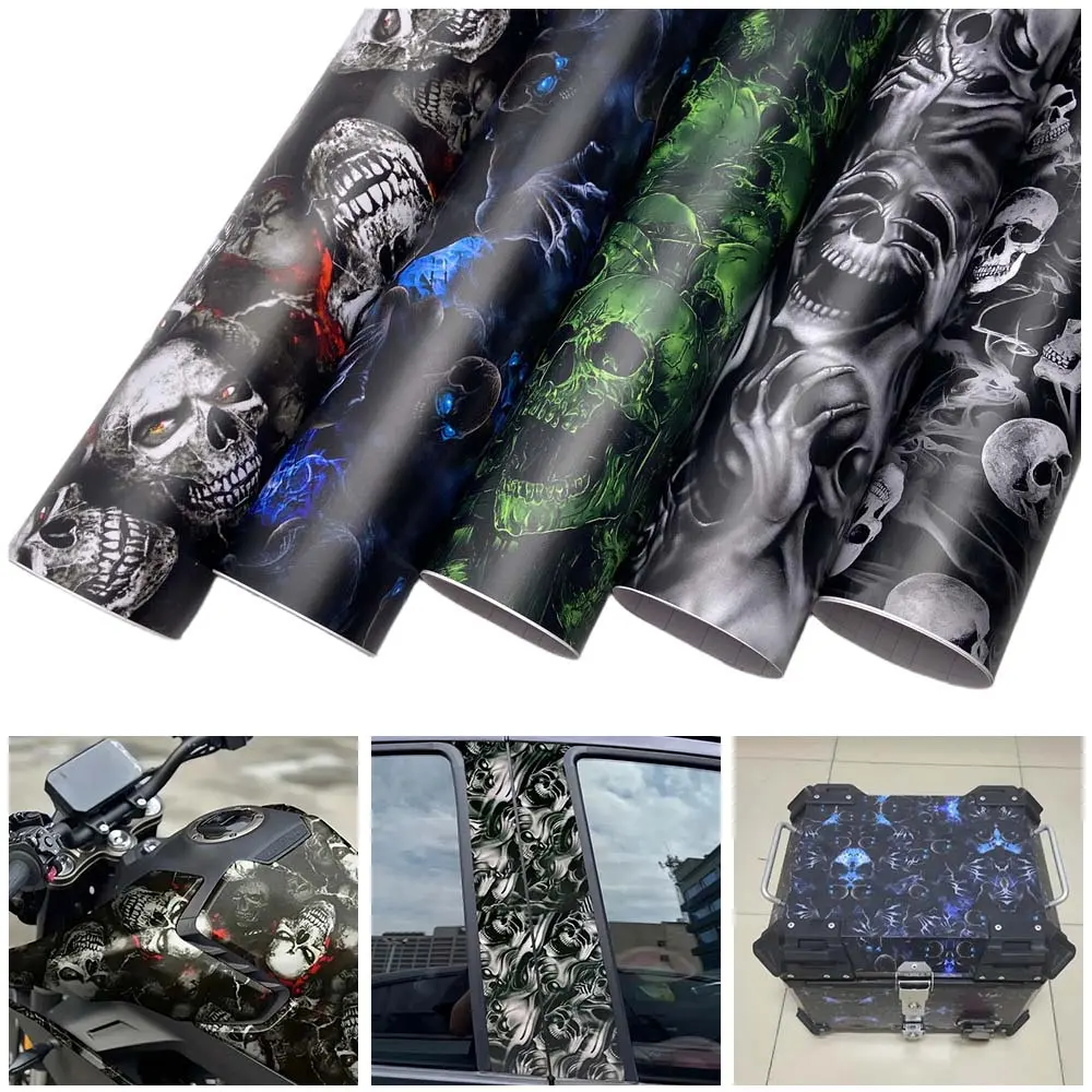 Self-Adhesive Green Skull Camo Printed Vinyl Wrap - 20x150 cm Smooth Flexible Film for Motorcycle Modification, Car Body Color Change, Fashion Accessories