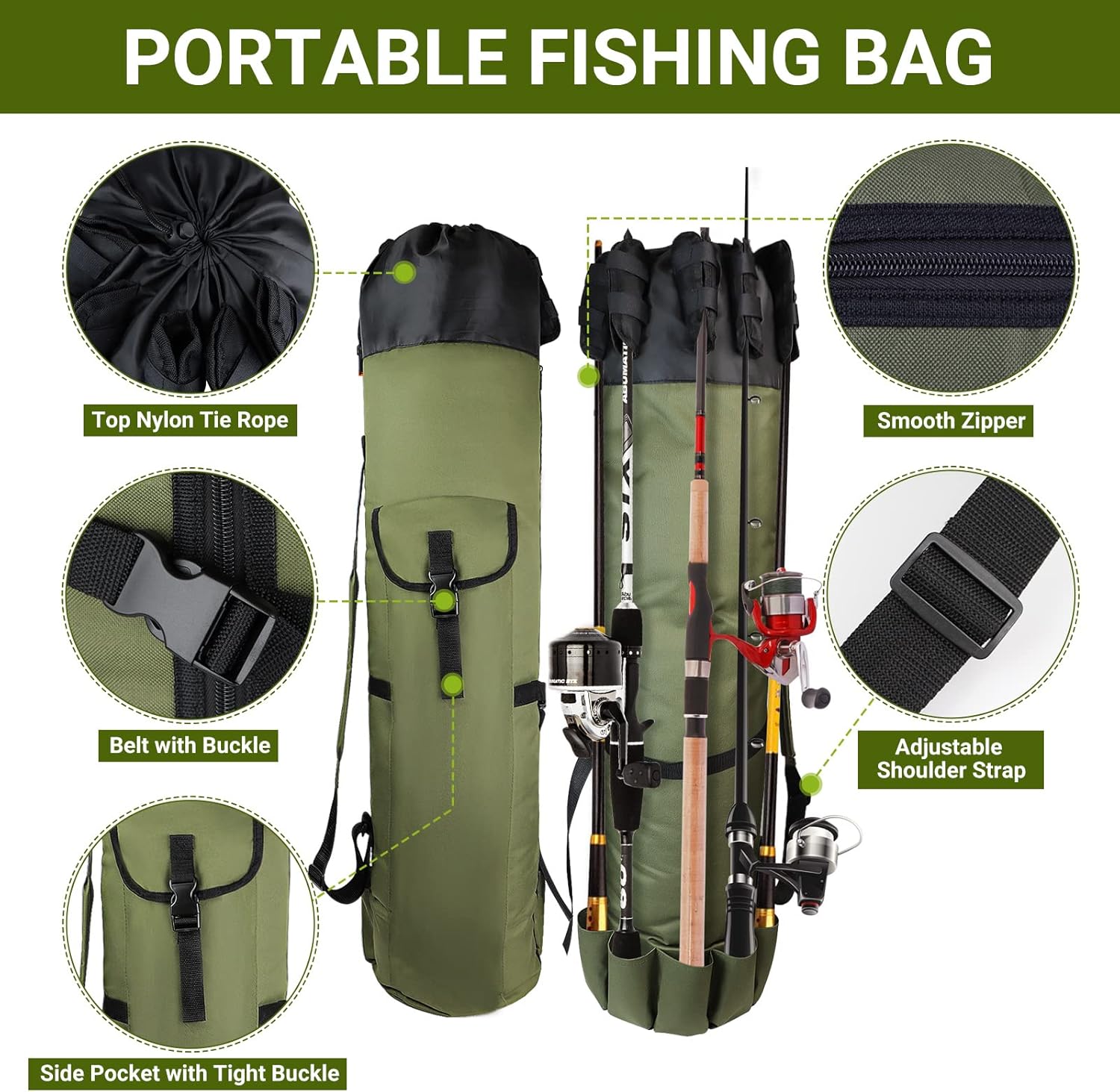 Foldable Oxford Fabric Fishing Rod Storage Bag, Portable Lightweight Outdoor Shoulder Carry Case Green for Men Fishing Gear and Baitcaster Rods