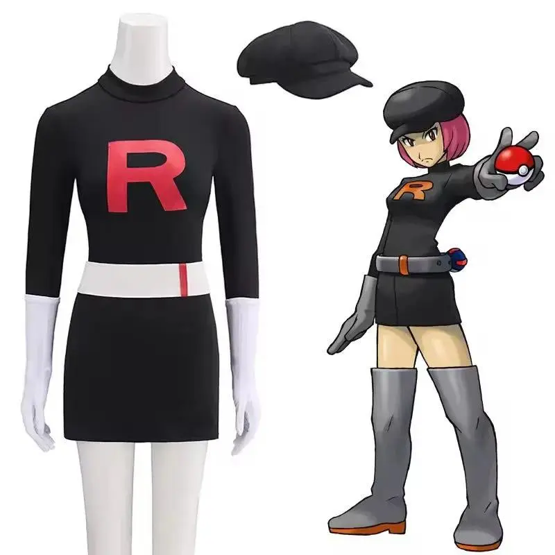 Team Rocket Grunt Cosplay Costumes Anime Black Uniform Hat Halloween Carnival Party Outfits