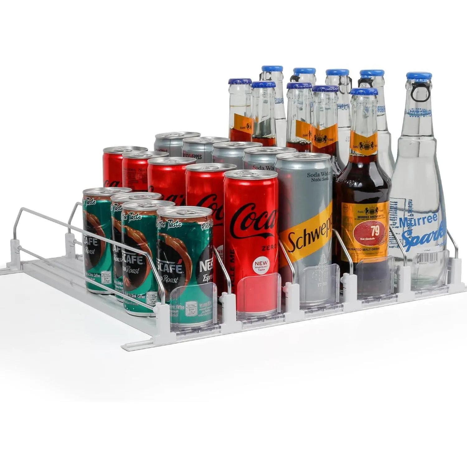 Drink Organizer for Fridge with Pusher Glide, 5 Rows Spring Loaded Fridge Drink Dispenser, Self Pushing Soda Can Organizer for Refrigerator, Bottle Beverage Organizer for Fridge Drink Holder