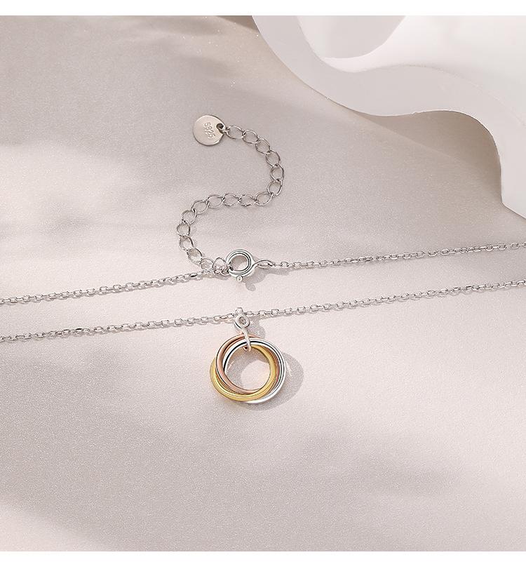 S925 Sterling Silver Three - Ring Colorful Zircon Circle Pendant Necklace Women's Fashion Design Daily Wear Festival Gift Jewelry