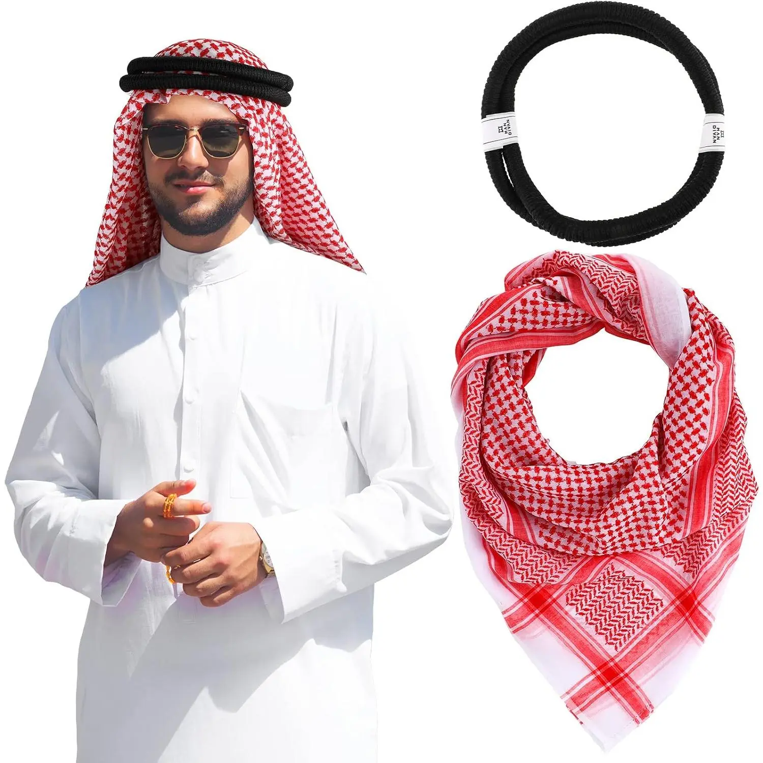 Arab Shemagh Muslim Keffiyeh Head Wrap Scarf Arabic Tactical Desert Headwear with Aqel Rope Halloween Costume AccessoriesGift.
