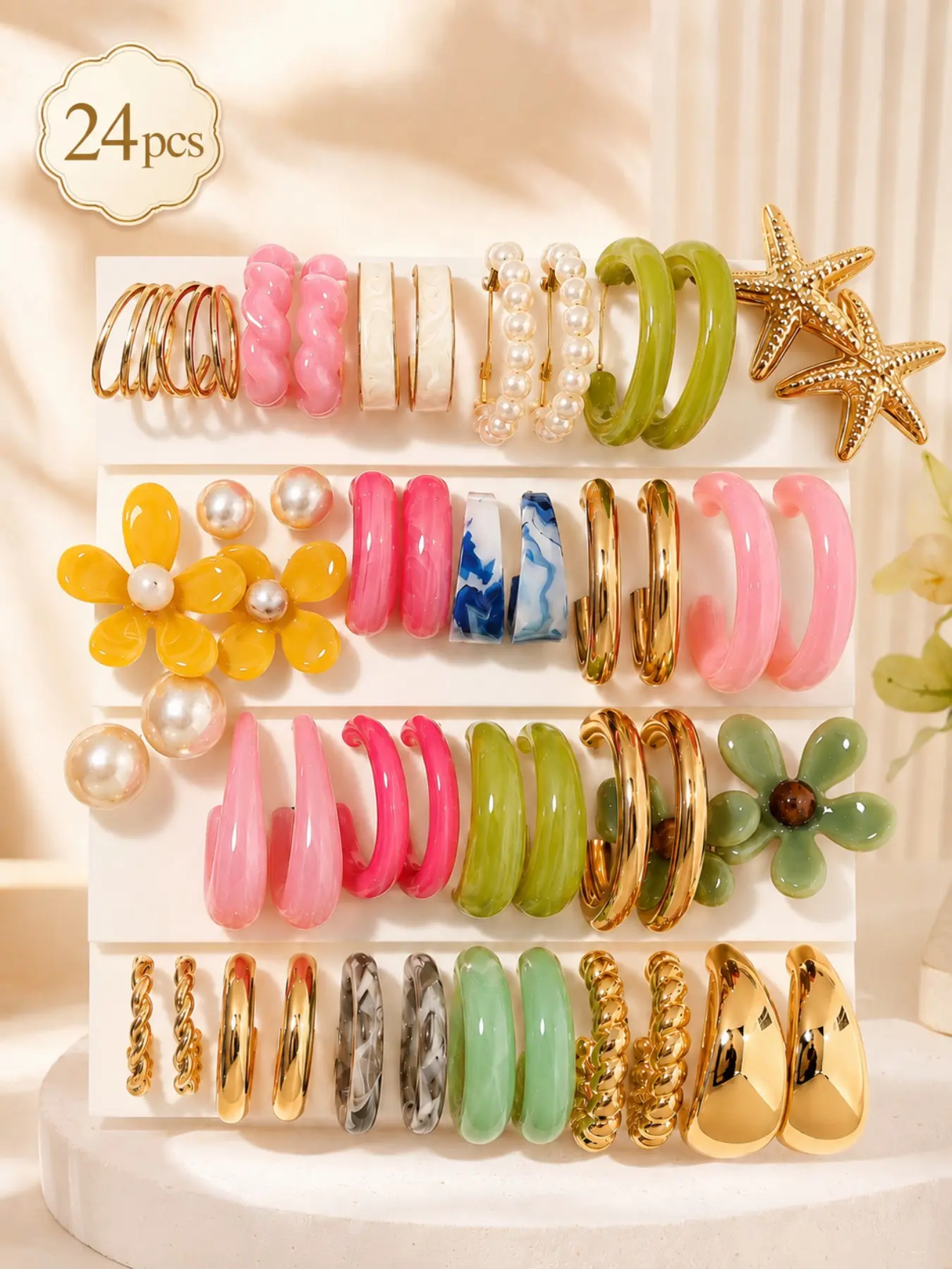 24PCS Mixed Earrings Set for Women Girls, Colorful Gold Tone Hoop, Flower, Starfish and Pearl-Look Earrings, Casual Trendy Jewelry Earring Stack for Daily Wear, Back to School and Holiday Gift