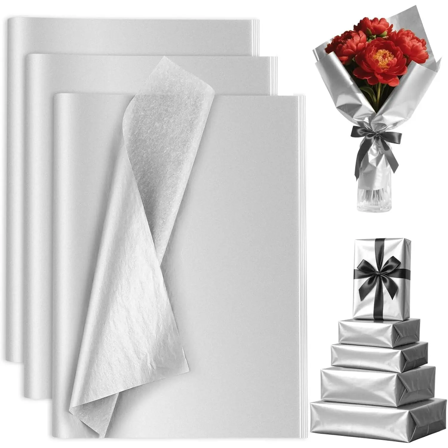 60 Sheets Silver Tissue Paper Bulk, Gift Wrapping Tissue Paper for Packaging 14 x 20 Inch Art Crafts for Gift Bags Decorative Floral Wedding Birthday Party Decor