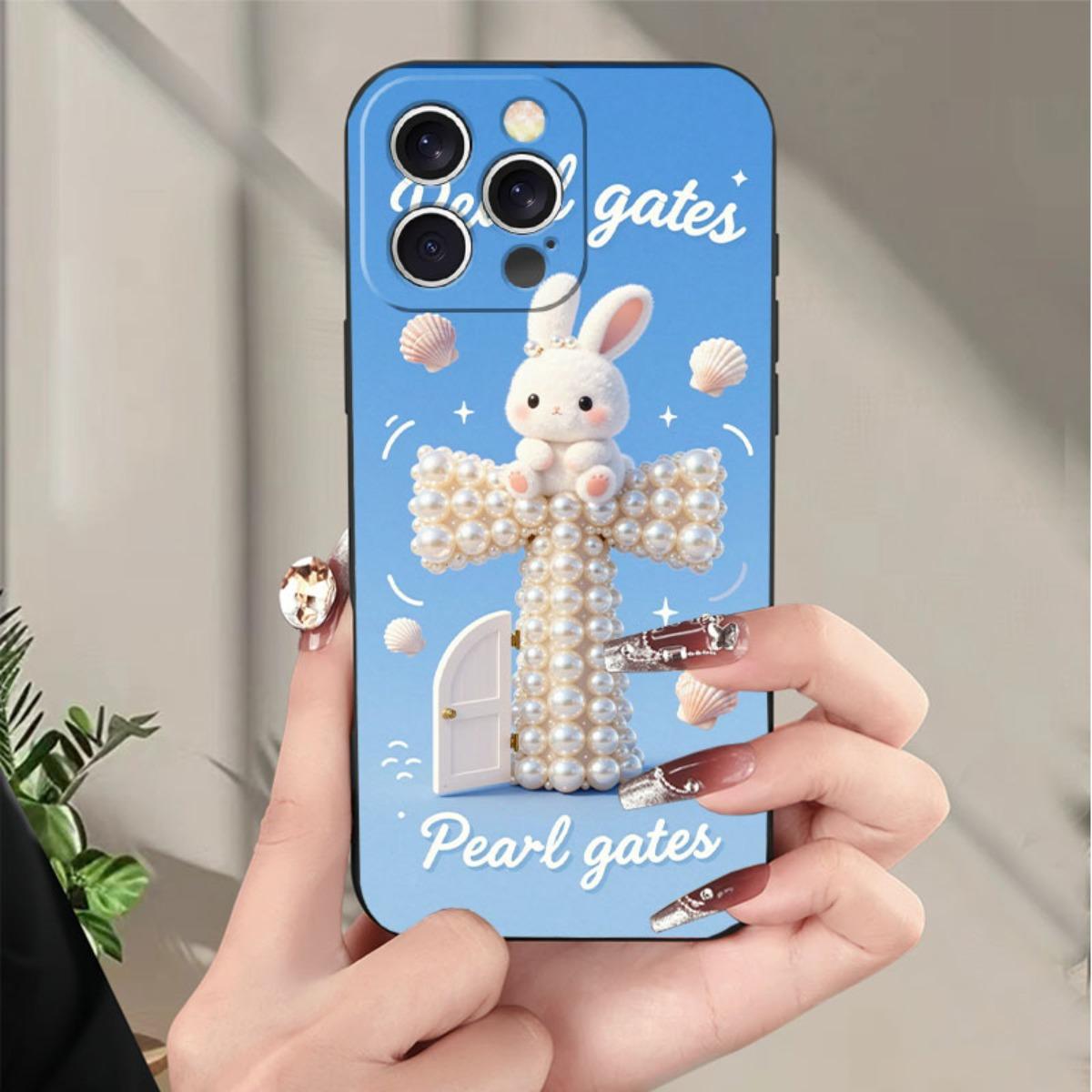 Phone case: Pearl Door religious Christian theme phone case, decorated with a cute rabbit on a pearl cross, featuring shells and glitter, suitable for iPhone 17/17pro/16/X/XS/XR/11/12/13/14/15/16Plus/17ProMax, printed imitation liquid phone case