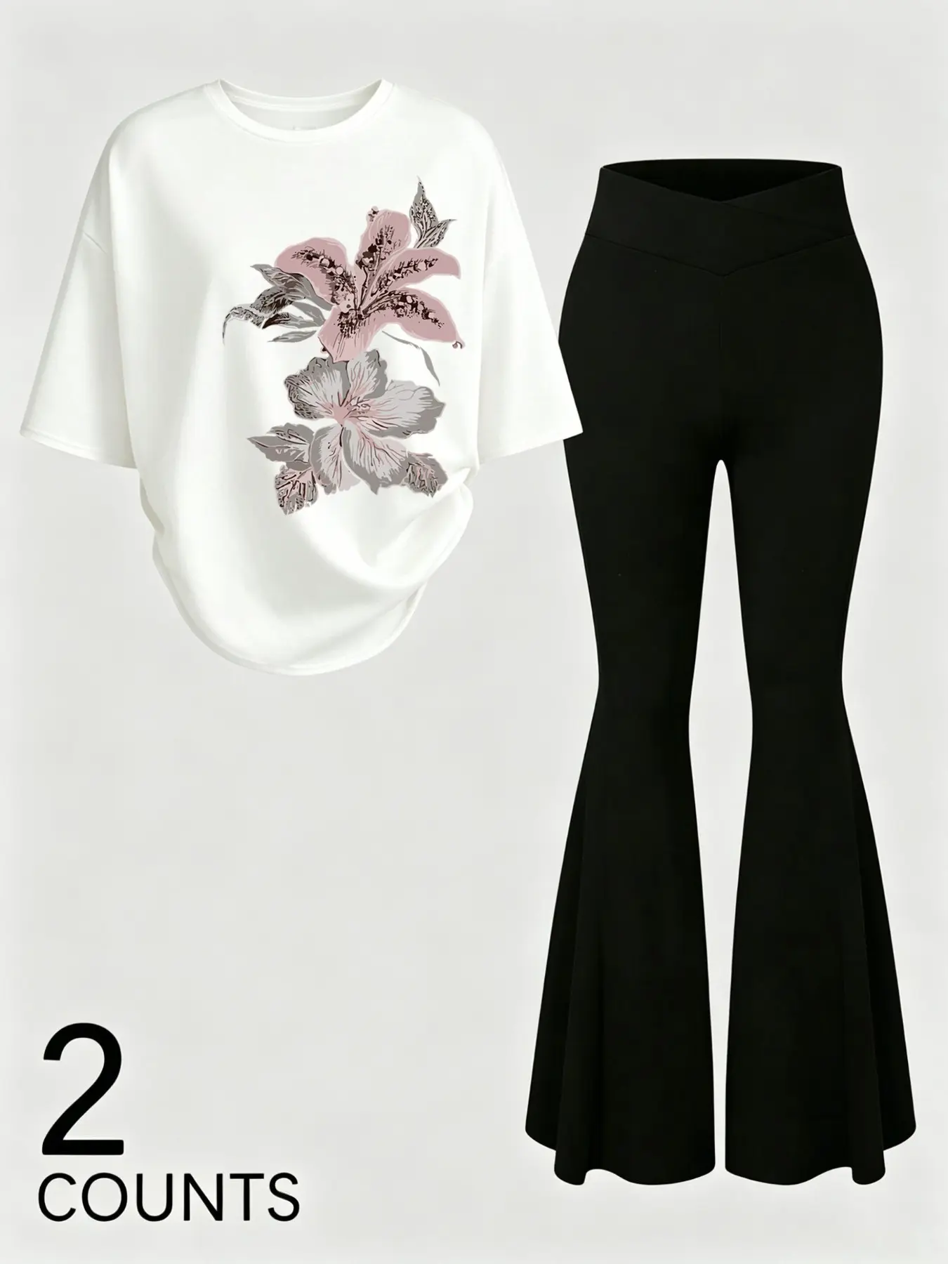 Women's Round Neck Floral Print Loose T-Shirt + High Waist Cross Belt Flare Pants, Y2K Street Style, Casual, Summer Vacation
